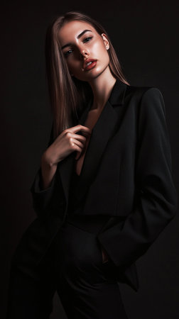 Portrait of a beautiful young woman in black suit on dark backgroundの素材