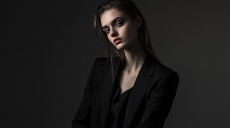 Portrait of a beautiful girl in a black suit on a dark backgroundの素材