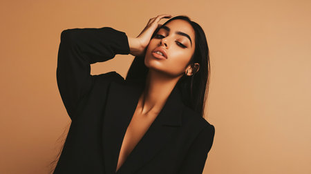 Portrait of a beautiful young woman in a black suit on a beige backgroundの素材