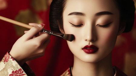 Asian woman in kimono applying makeup with brush on faceの素材