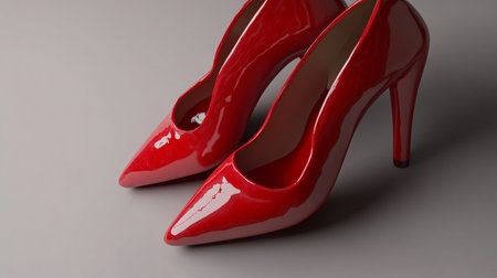 Red high heel shoes on gray background. Clipping path included.の素材