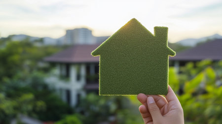 Hand holding green paper house icon on nature background. Real estate concept.の素材