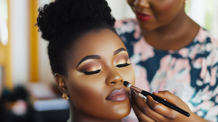 Makeup artist applying makeup on beautiful african american woman faceの素材