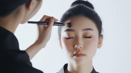 Makeup artist applying make up on the face of a beautiful Asian womanの素材