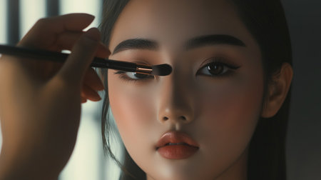 Beautiful asian woman applying makeup with makeup brush, closeupの素材