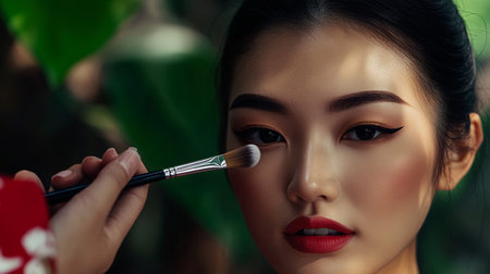 Beautiful asian woman applying make up with makeup brush. Closeup portrait of beautiful asian woman with makeup brush.の素材