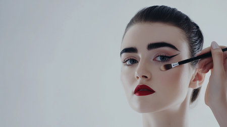 beautiful young woman applying mascara on her eyelashes, isolated on grayの素材