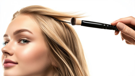 Makeup artist applying makeup on a beautiful young blonde woman.の素材