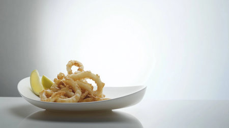 Fried squid rings in a plate on a white table with a light backgroundの素材