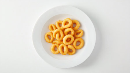 Round rings of cornflakes in a plate on a white backgroundの素材