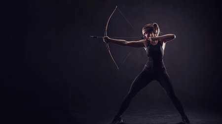 Young sporty woman practicing archery with bow and arrow on dark backgroundの素材