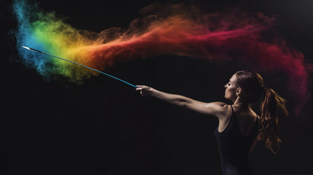 Young woman with magic wand and colorful smoke on a black background.の素材