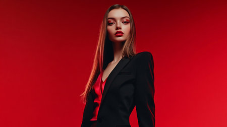 Portrait of a beautiful young woman in a black suit on a red backgroundの素材