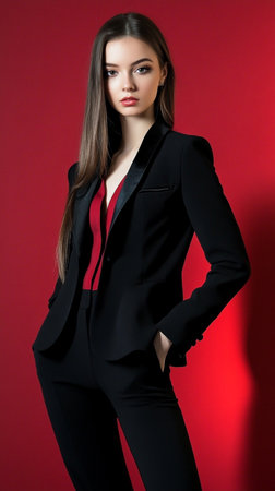 Beautiful young woman in a black suit on a red background.の素材