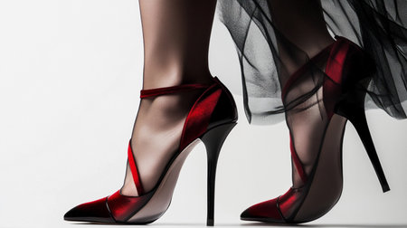 Beautiful female legs in red high-heeled shoes on white backgroundの素材