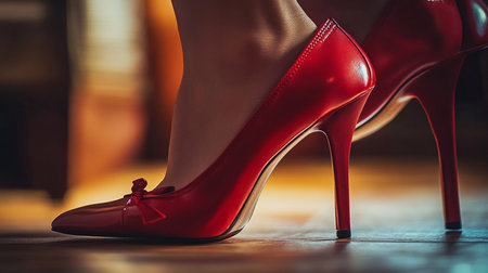 Close up of female legs in red high-heeled shoes.の素材