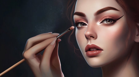 Makeup artist applying make up on beautiful young woman face. Beauty and fashion concept.の素材