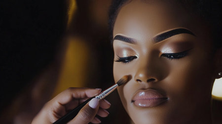 Makeup artist applying make up on african american woman faceの素材