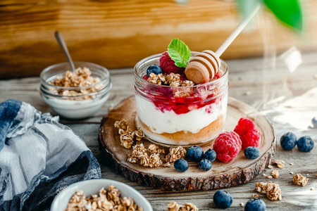 Healthy breakfast with granola, yogurt and berries on a wooden backgroundの素材