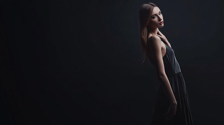 Portrait of a beautiful girl in a black dress on a black backgroundの素材