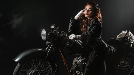 Attractive young woman biker sitting on a motorcycle on a black backgroundの素材