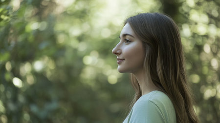 Portrait of a beautiful young woman with long hair and green eyesの素材