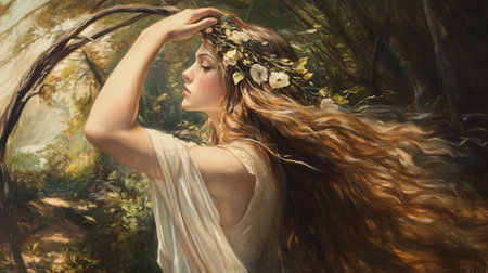 Portrait of a beautiful woman with long hair in a wreath of flowersの素材