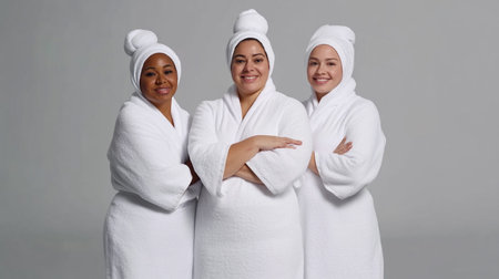 Three women in bathrobes and towels standing together with arms crossedの素材