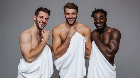 Three happy multiethnic men in towels smiling and looking at cameraの素材