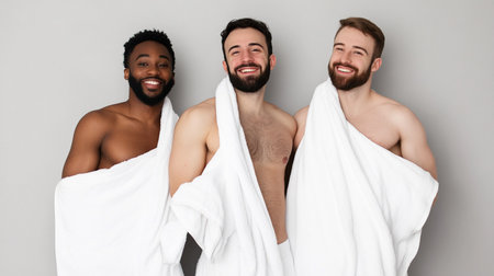 Group of happy multiethnic men in bathrobes looking at cameraの素材