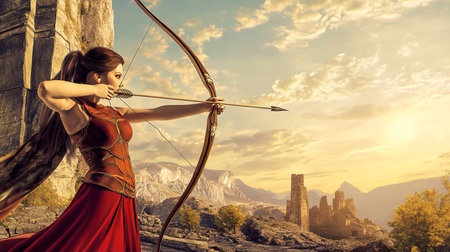 Beautiful woman archer with bow and arrow in ancient ruins.の素材