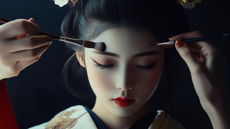 Close-up portrait of a beautiful geisha model with makeup.の素材
