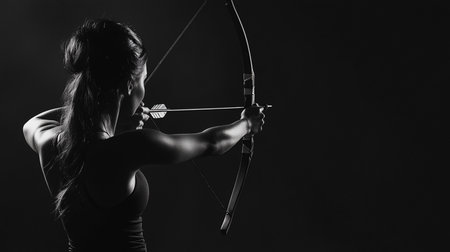 Beautiful young woman with bow and arrow, black and white imageの素材