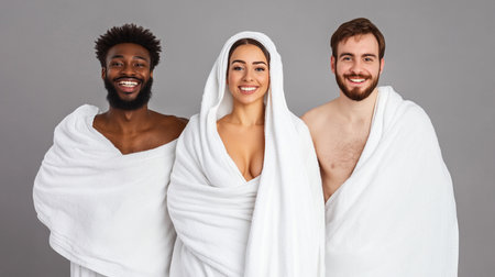Happy multiethnic group of friends in towels looking at camera and smilingの素材