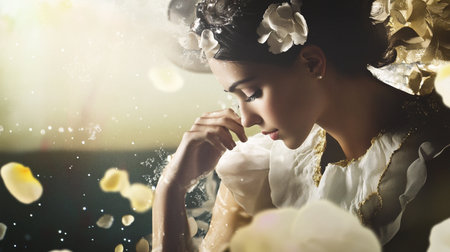 Beautiful asian woman in white dress with flowers and petalsの素材