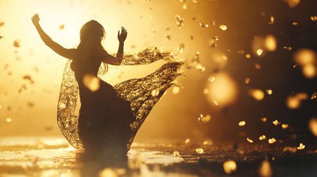 Silhouette of a beautiful young woman dancing in the rain.の素材