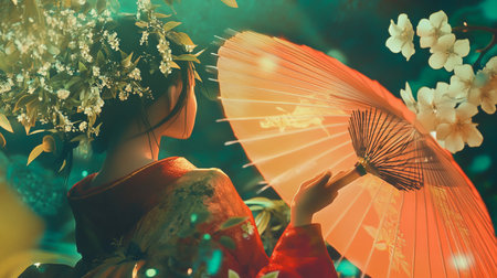 Beautiful asian woman in traditional japanese costume with umbrellaの素材