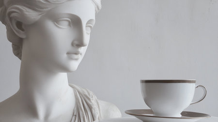 White cup of coffee and antique bust of Venus on white background.の素材