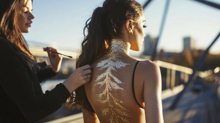 Two beautiful young women with sparkles on the back of the bodyの素材