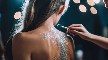 Makeup artist applying powder on the back of a beautiful young womanの素材
