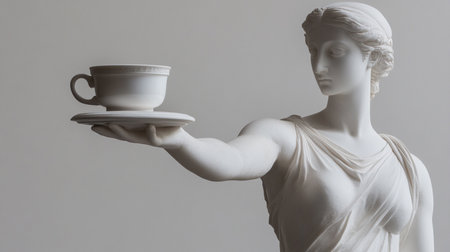 Statue of a woman holding a cup of coffee on a gray backgroundの素材