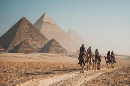 Camel caravan in front of pyramids in Giza, Egyptの素材