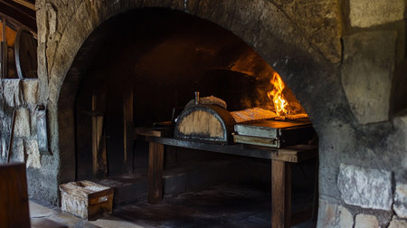 Baker in a stone oven in an old bakery. Bakeryの素材