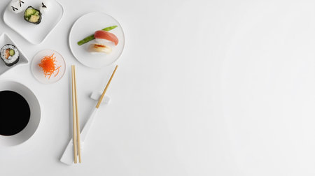 Sushi set with chopsticks and wasabi on white background.の素材