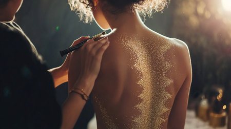 Hairdresser applying golden glitter on the back of a womanの素材
