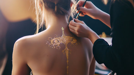 Makeup artist applying henna on the back of a girl.の素材