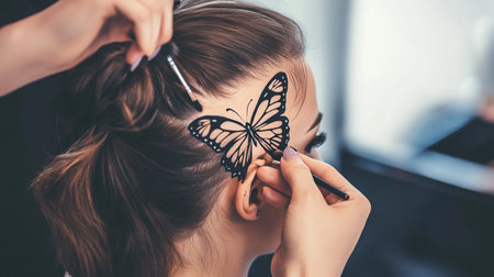 Beautiful young woman with butterfly on her hair in a beauty salonの素材