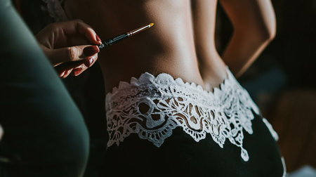 Sexy young woman in white lace lingerie with a cigarette.の素材