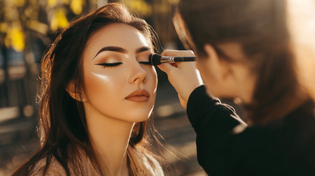 Makeup artist applying eyeshadow on a beautiful young woman.の素材