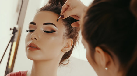 Makeup artist applying make up on beautiful young woman in beauty salonの素材
